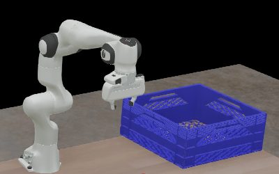 The Panda gripper over the blue crate in Webots