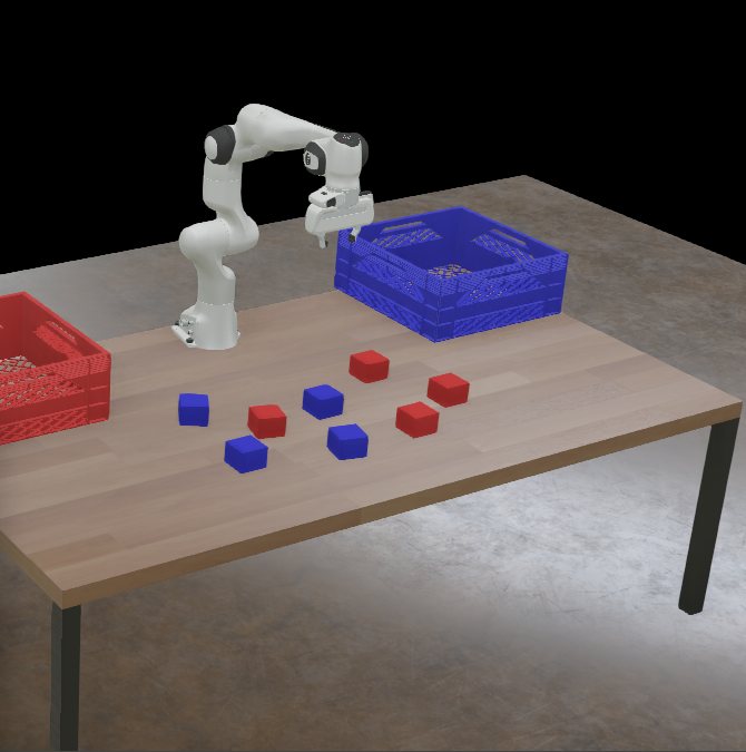 A simulated Franka Panda arm over a table of red and blue blocks, with a red and a blue crate, in Webots
