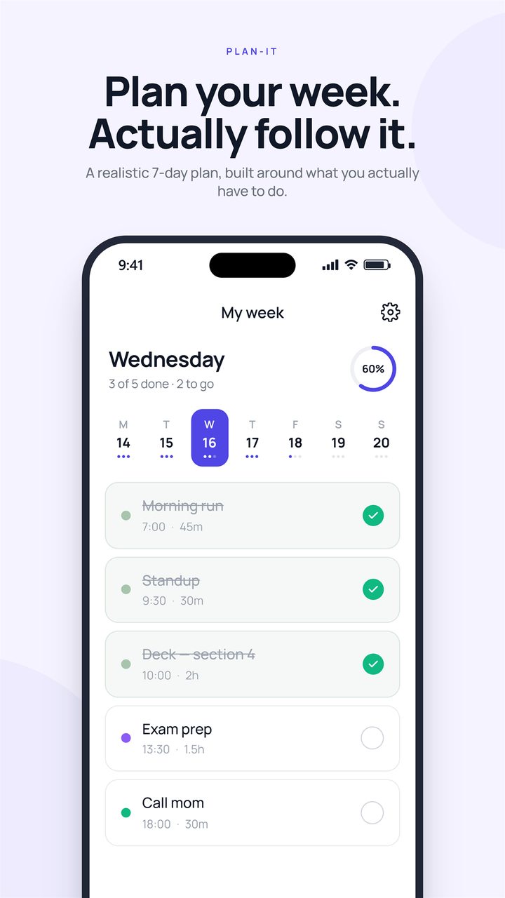 Plan-it store screenshot: a weekly plan with tasks for Wednesday