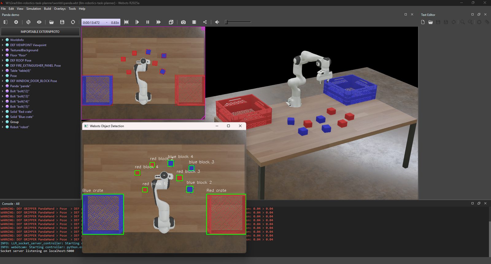 A Webots session: the scene tree, a top-down camera, the object-detection window labelling red and blue blocks, the 3D view of the Panda arm, and the controller console